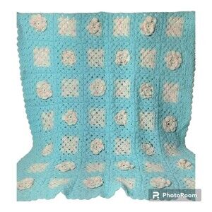 Hand Made 3D Floral Granny Square LtBlue and White With a little Sparkle Blanket
